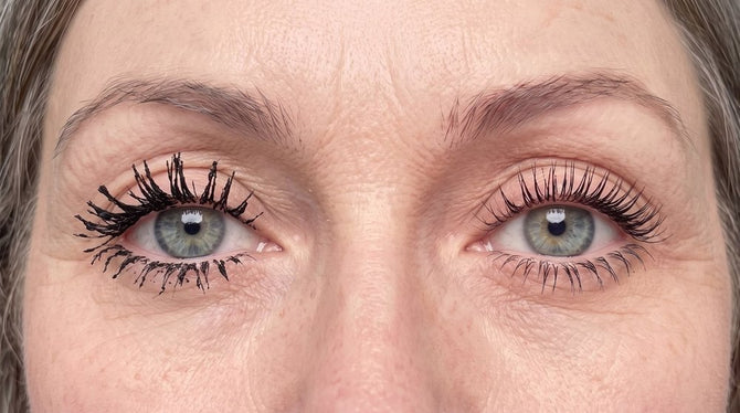 Close-up of a woman’s eyes: the left eye in an old mascara with clumped lashes and flakes, the right eye in Blushe with separated, lifted lashes
